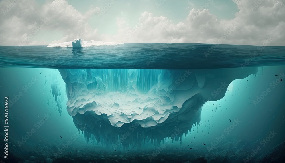  a large iceberg floating in the ocean with a sky and clouds above the water and below the water is 