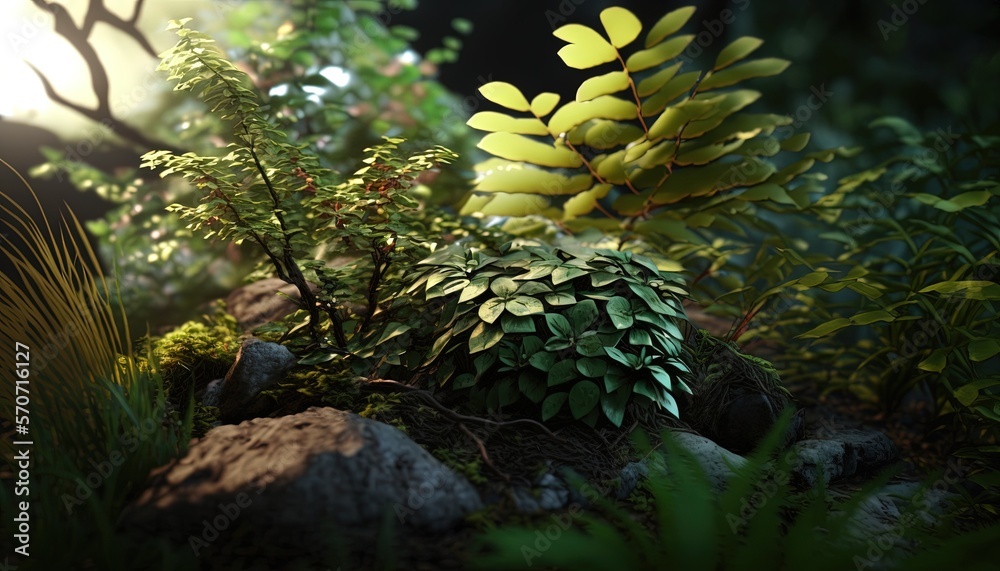  a green plant with yellow leaves in the middle of rocks and plants in the foreground with sunlight 