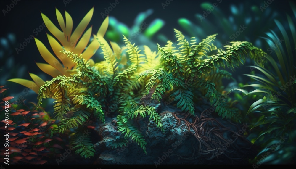  a digital painting of plants and plants in a forest with a dark background and a black background w