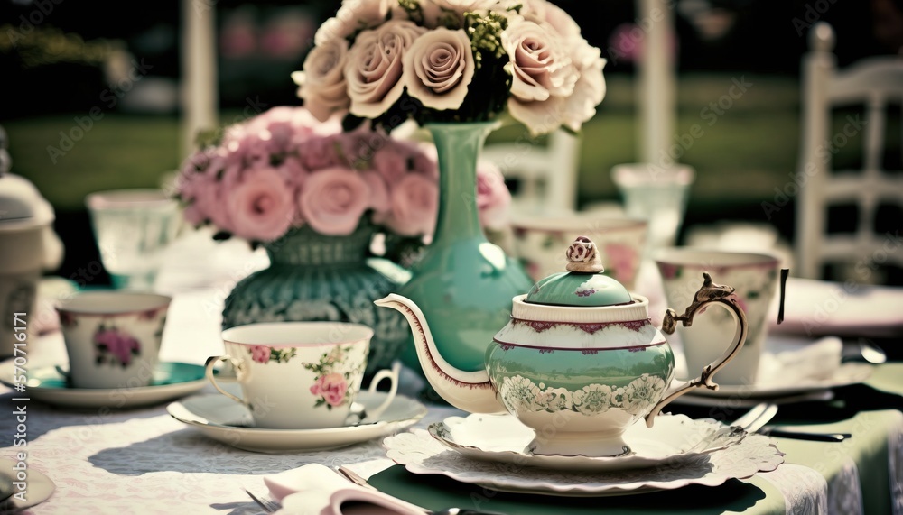  a tea set on a table with pink roses in a vase and a tea pot on a plate with a teacup and saucer on