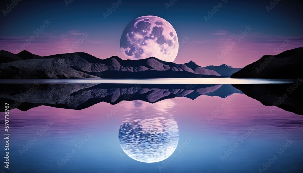  a full moon rising over a mountain range with a lake in the foreground and a mountain range in the 