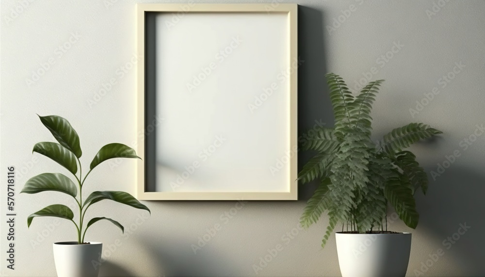 a picture frame on a wall next to two potted plants and a potted plant on a table in front of a whi