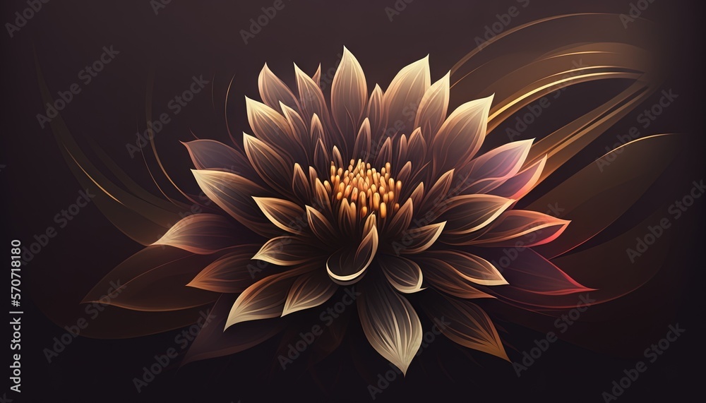  a large flower with brown petals on a black background with a brown and white swirl around its cen