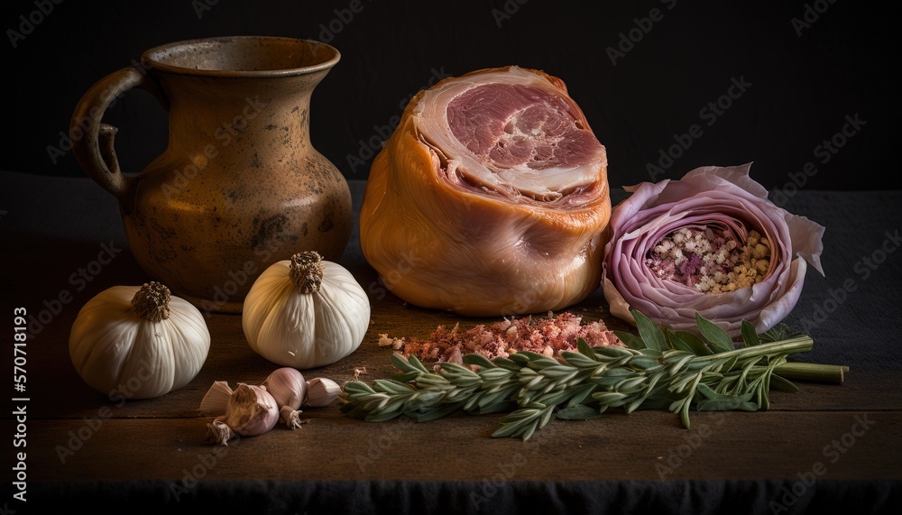  a table topped with meat and vegetables next to a vase of flowers and a vase of garlic and an onion