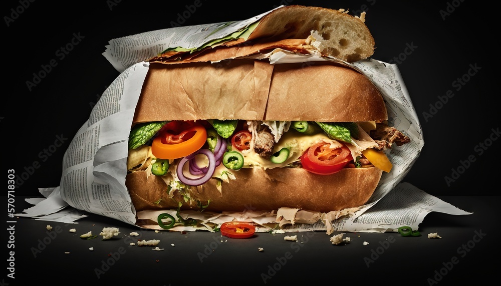  a large sandwich is wrapped in paper and has vegetables and meats on top of it, and is half of the 