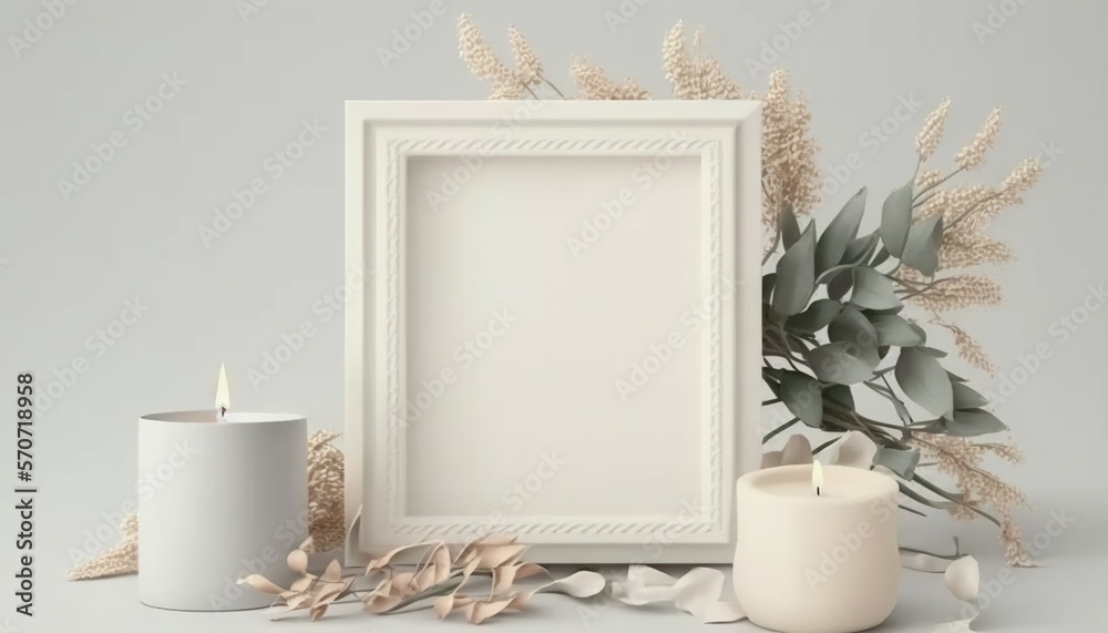  a white frame with a candle and some flowers on a table next to a white candle and a white vase wit