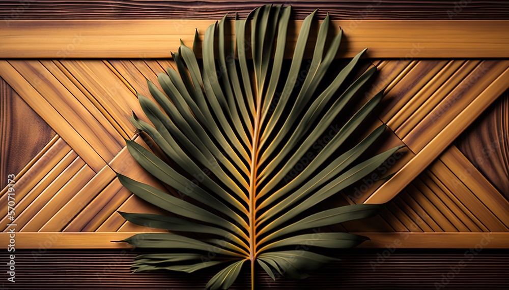  a large green leaf sitting on top of a wooden floor next to a wooden paneled wall with a geometric 