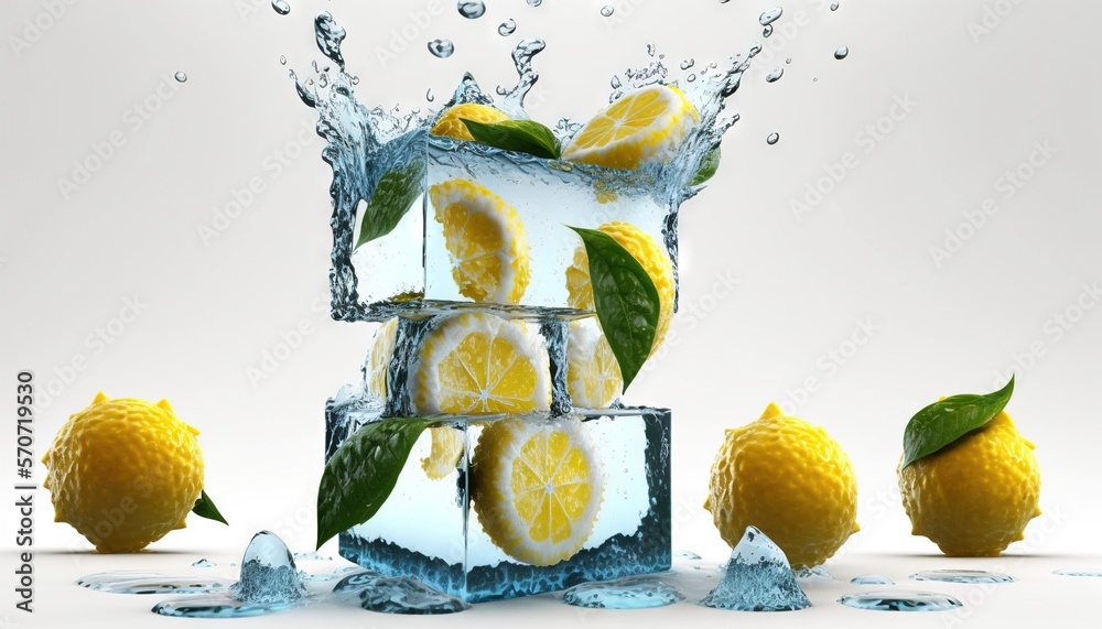  a group of lemons with leaves and ice cubes with water splashing around them on a white background 