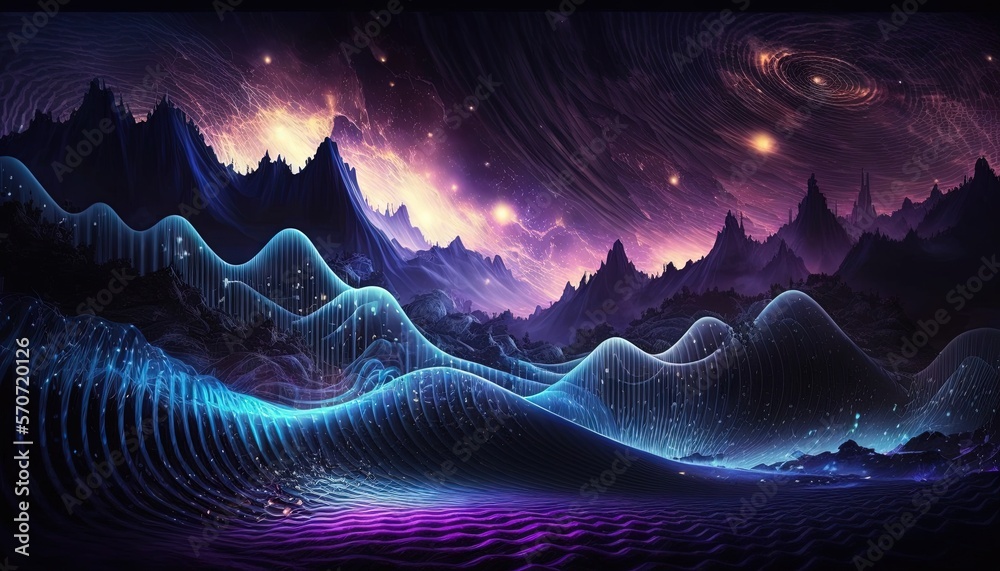  a painting of mountains and stars in the sky with a purple and blue wave on the bottom of the image