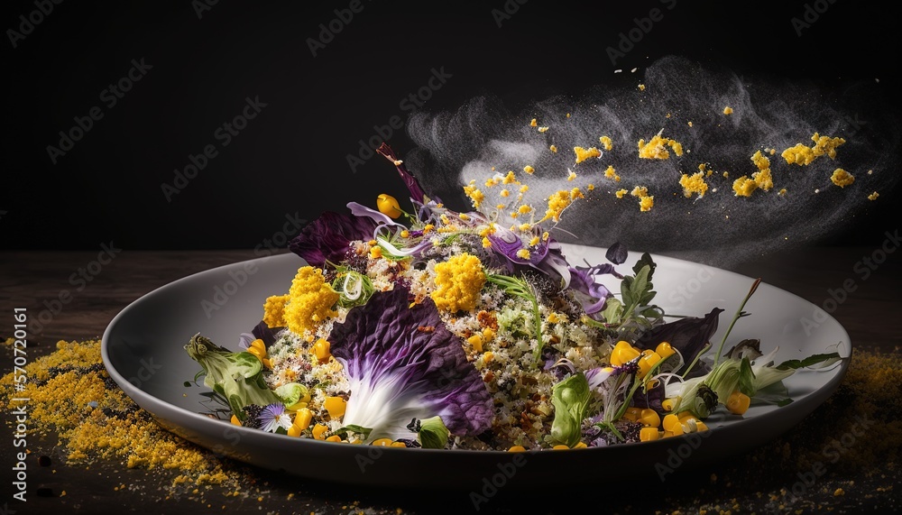  a white bowl filled with lots of food on top of a wooden table next to a pile of yellow and purple 