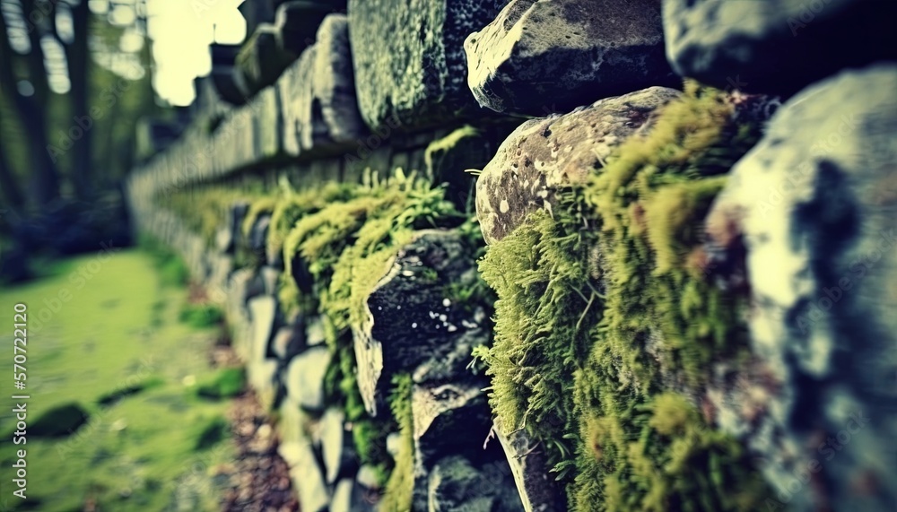  moss growing on a stone wall in a park area with trees in the background and grass growing on the r