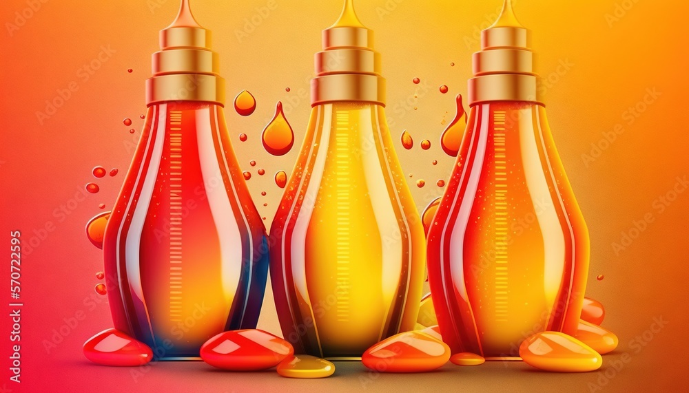 three bottles of liquid with drops of water on a yellow background with a red and orange background