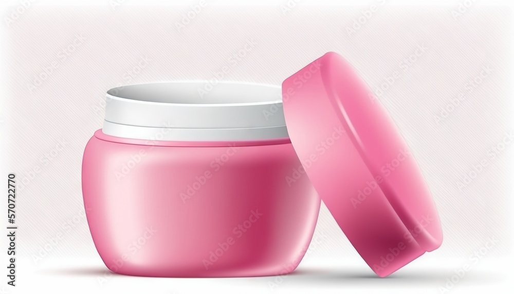  a pink jar with a white lid and a white lid on it, with a pink lid and a white cap on the top of th