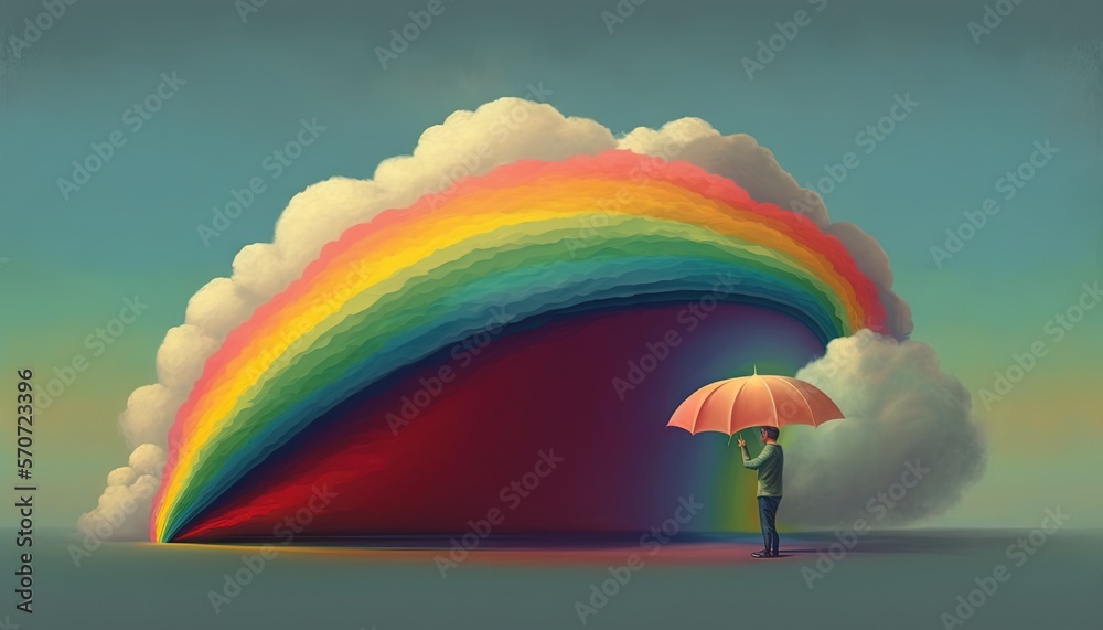  a person holding an umbrella standing in front of a rainbow shaped cloud with a rainbow in the sky 