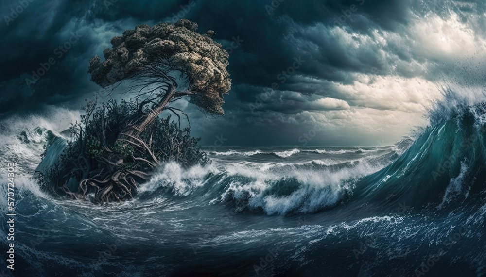  a painting of a tree in the middle of the ocean with a storm in the sky above it and a boat in the 