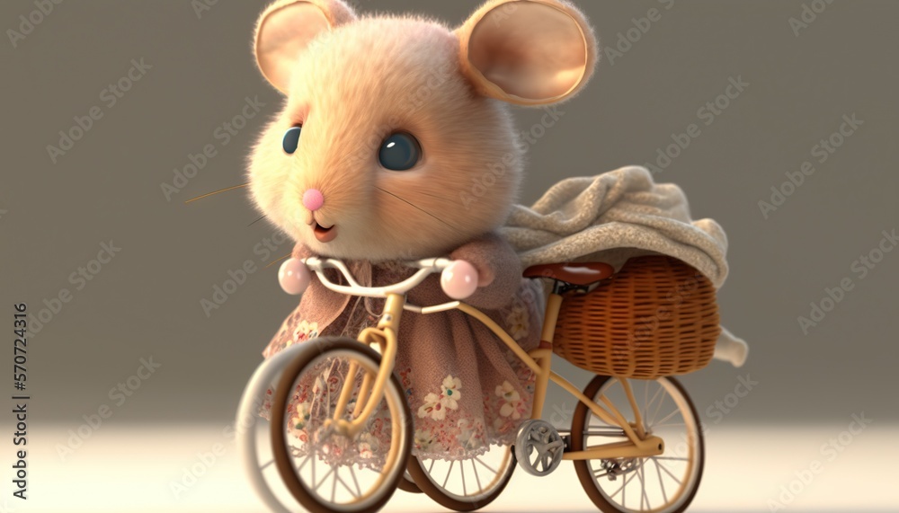  a little mouse riding a bike with a blanket on the back of its seat and wearing a pink dress with 