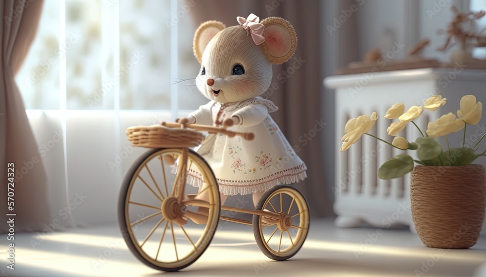  a little mouse is riding a tiny bike with a basket on the front of it and a potted plant in the bac