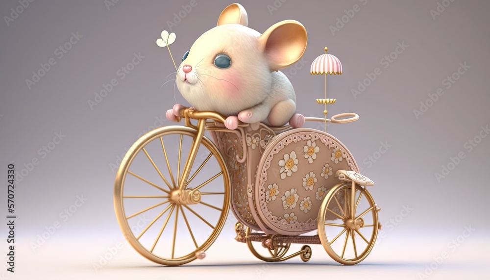  a little mouse riding on top of a golden bike with a basket on the back of its back wheel and a mu