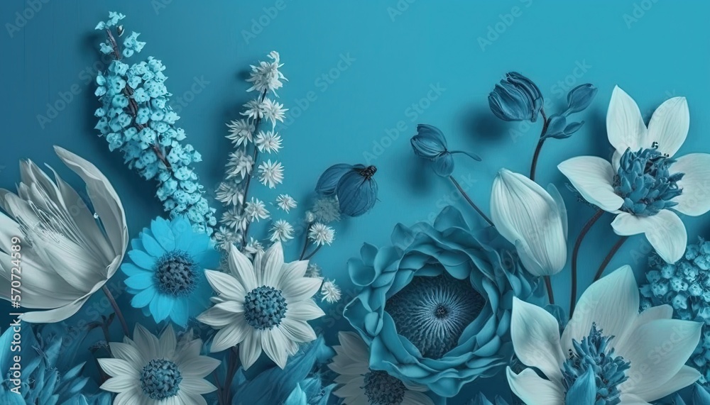  a bunch of flowers that are on a blue background with a blue background and white flowers on the bo