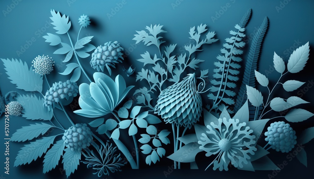  a bunch of flowers that are on a blue surface with leaves and flowers in the middle of the picture,