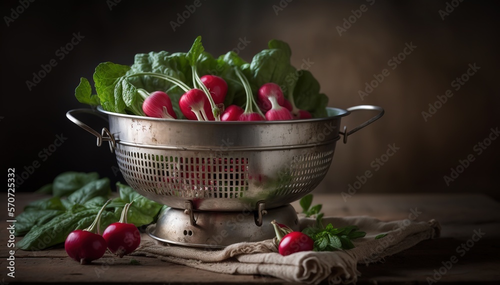  a metal colander filled with radishes on top of a wooden table next to a cloth and a cloth napkin o