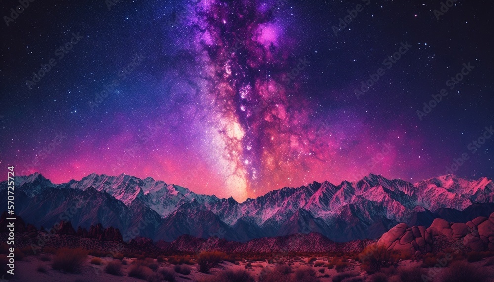  a purple and purple sky with mountains in the background and stars in the sky above the mountain to