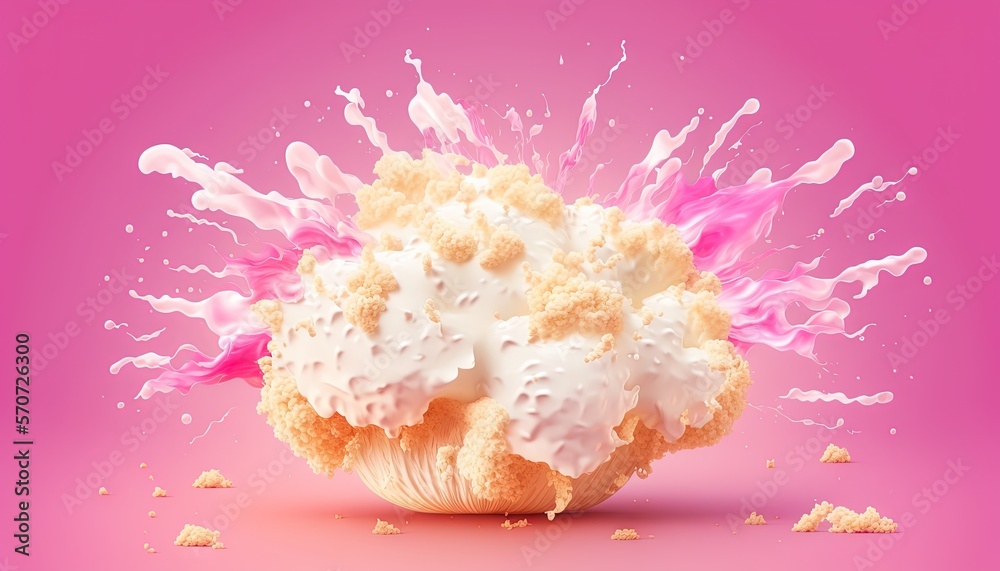  a pink and white object with white and pink sprinkles coming out of it on a pink background with pi