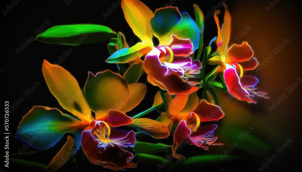  a bunch of colorful flowers on a black background with a black background behind them and a black b
