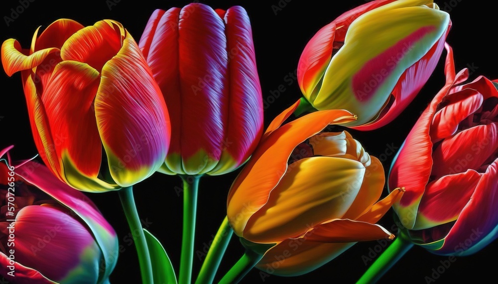  a bunch of colorful flowers are in a vase on a black background.  generative ai