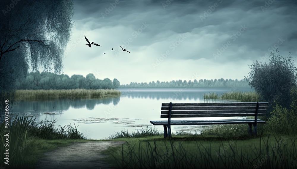 a bench sitting in front of a lake under a cloudy sky with birds flying over it and a tree in the f