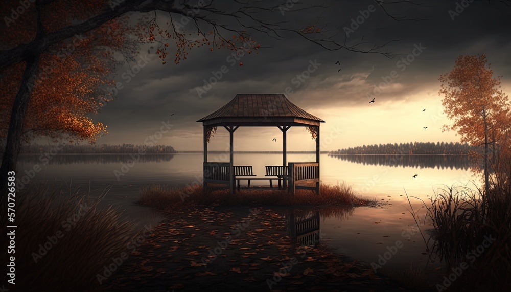  a gazebo in the middle of a lake with a bench in the foreground and a dark sky with clouds in the b