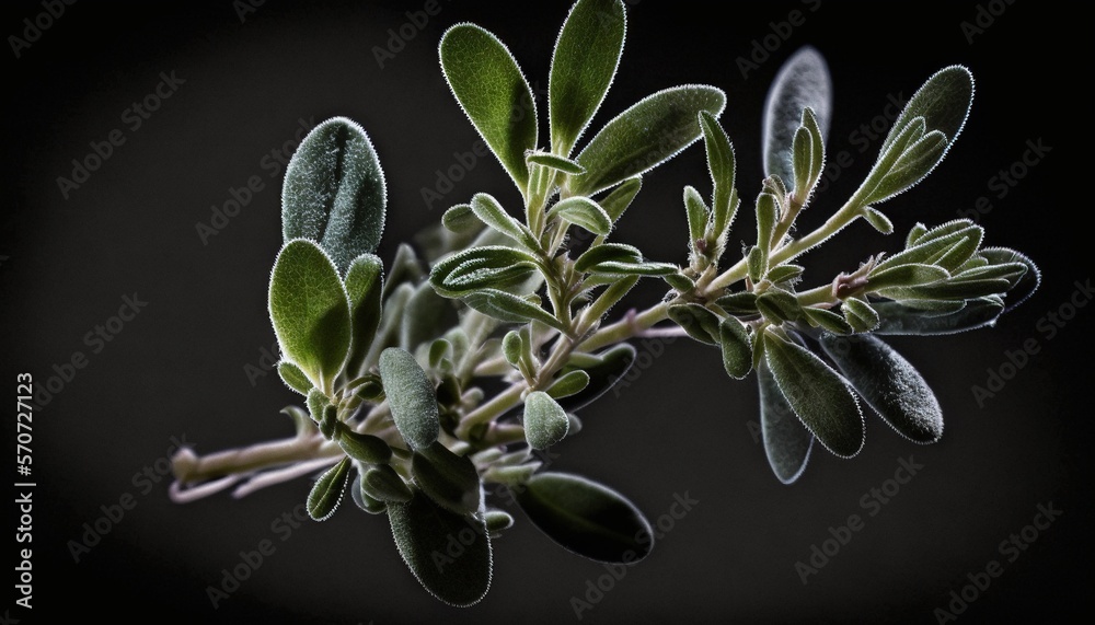  a close up of a branch of a tree with leaves and buds on a black background with a black background
