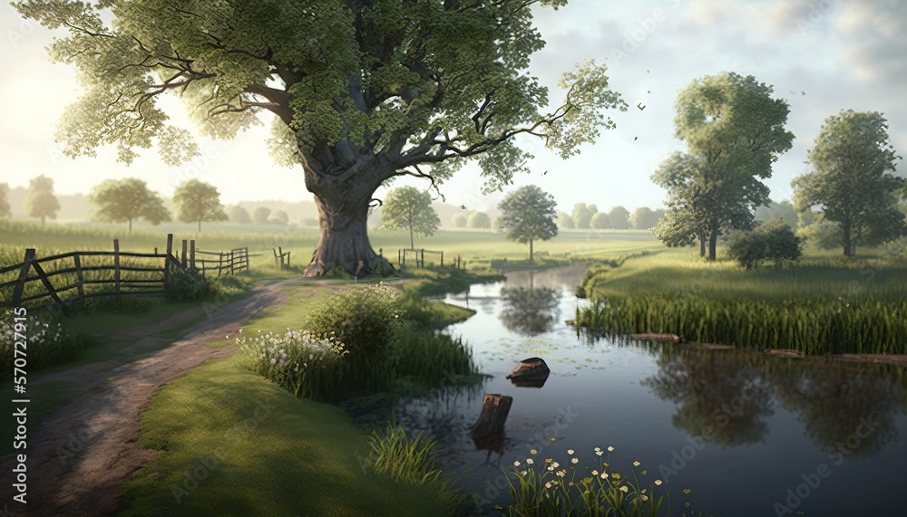  a painting of a pond with a tree in the middle of it and a path leading to it and a wooden fence in