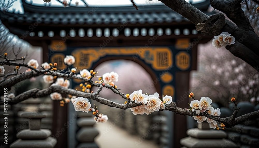  a tree with white flowers in front of a chinese arch with a walkway in the background and a stone w
