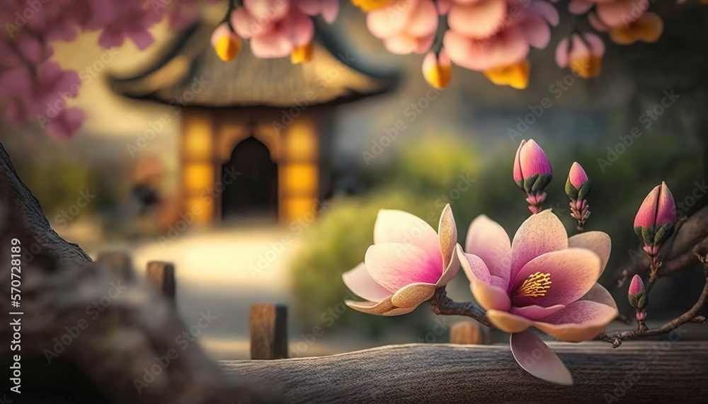  a painting of a pink flower on a tree branch with a pagoda in the background and a bridge in the fo
