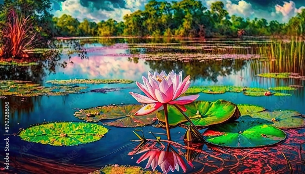  a painting of water lilies and lily pads in a pond with clouds in the sky above them and a pond wit