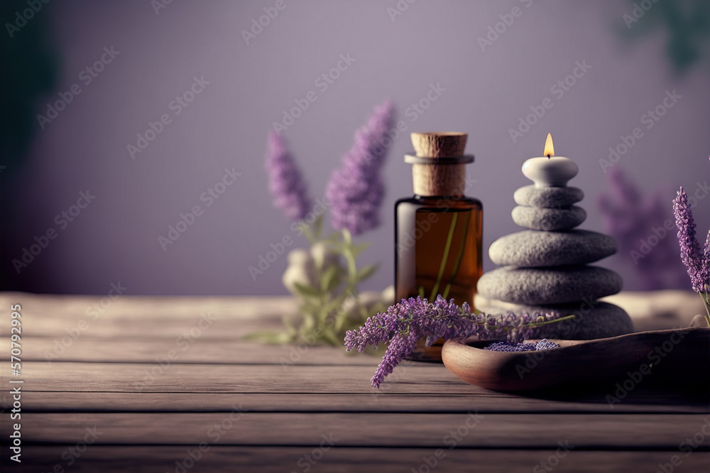 AI Generative image, spa lavender composition set in spa hotel , beauty wellness center . Spa produc