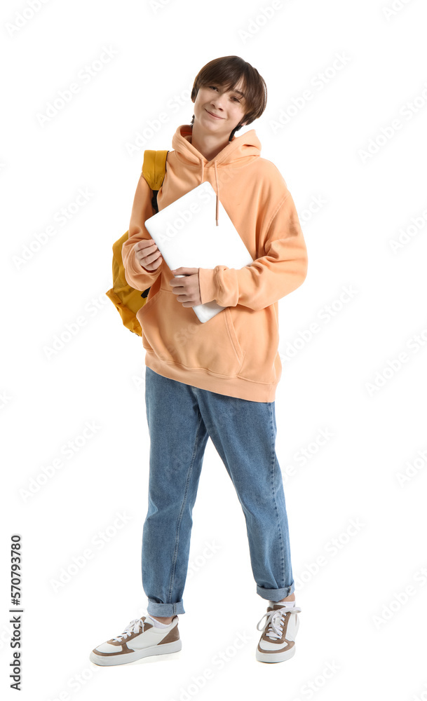 Male student with laptop and backpack on white background