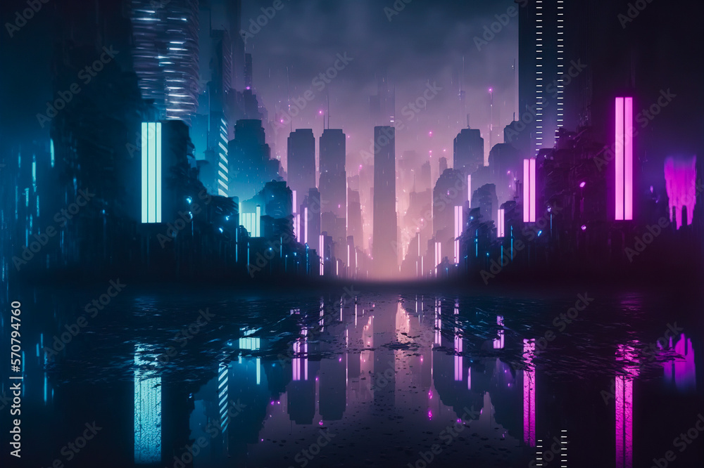 Futuristic city with neon light of pink and blue illuminated city street . Sublime Generative AI ima