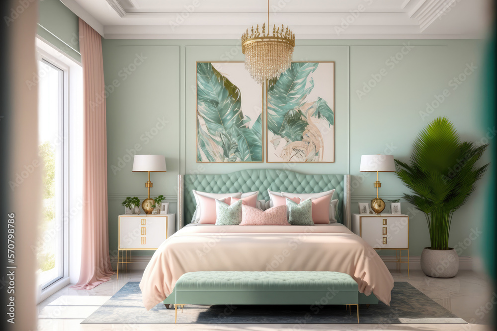 Pastel color elegant bedroom interior design. Peculiar AI generative image.