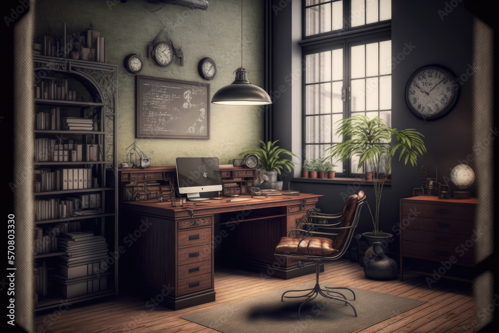 Antique home interior with working space and study desk in elegant room. Peculiar AI generative imag