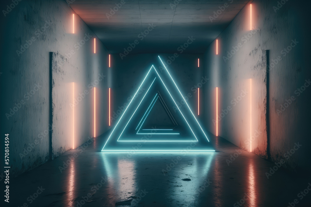 Concrete room with triangle portal illuminated by blue and orange neon light. Peculiar AI generative