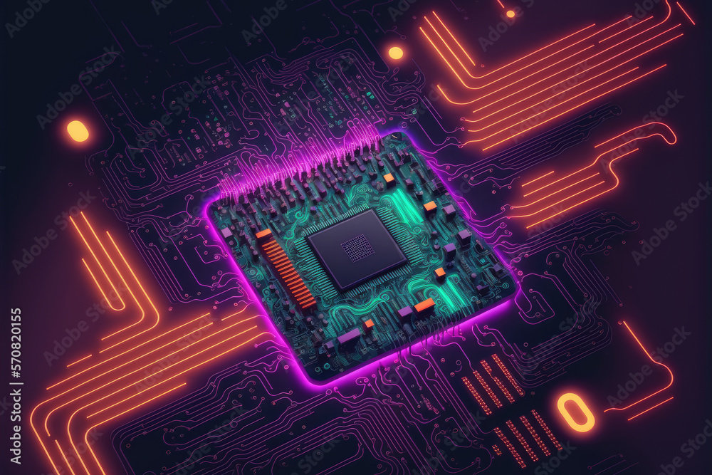 Computer microchip semiconductor on motherboard futuristic cyber neon lighting. Peculiar AI generati