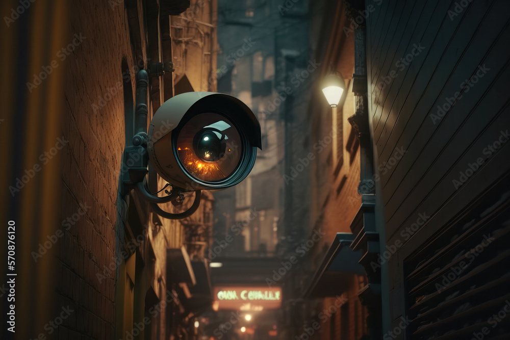 A security camera scanning down a dimly lit street. Generative AI illustration