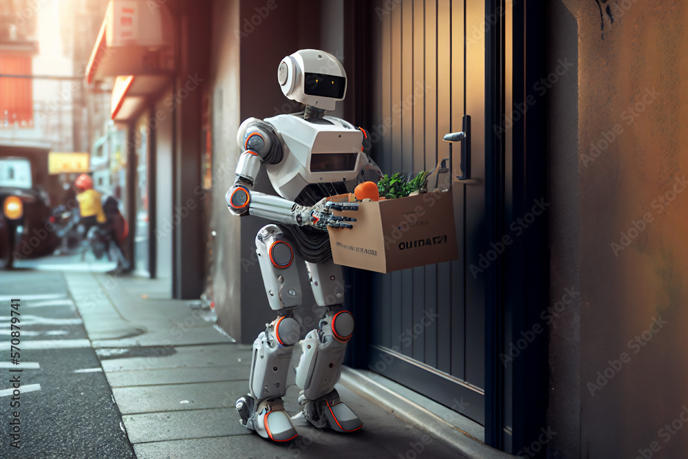 Humanoid robot courier delivery service, delivering groceries to a customer, outlining a technology 