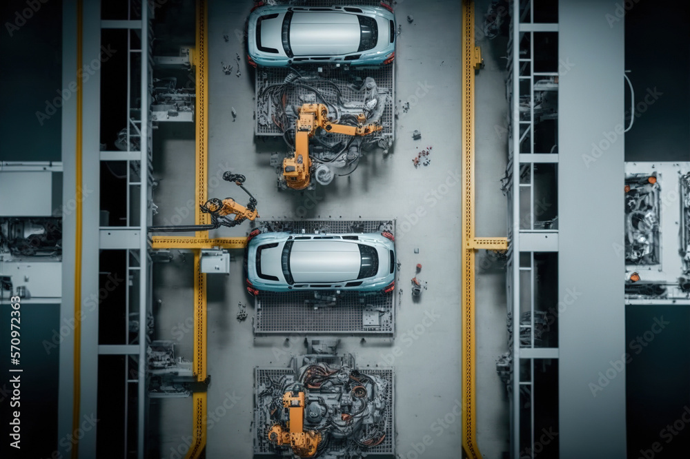 Top View Car Factory with Automated Robot Arm Assembly Line Manufacturing . Sublime Generative AI im