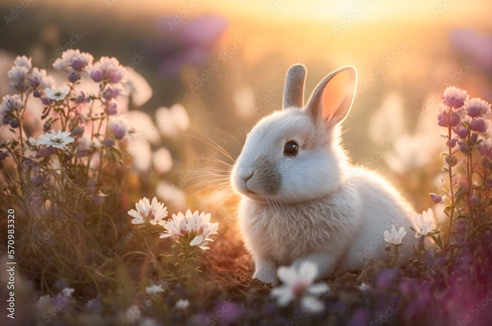 Cute rabbit among wild flowers in a sunny morning with sun behind. Fictional illustration. Created w