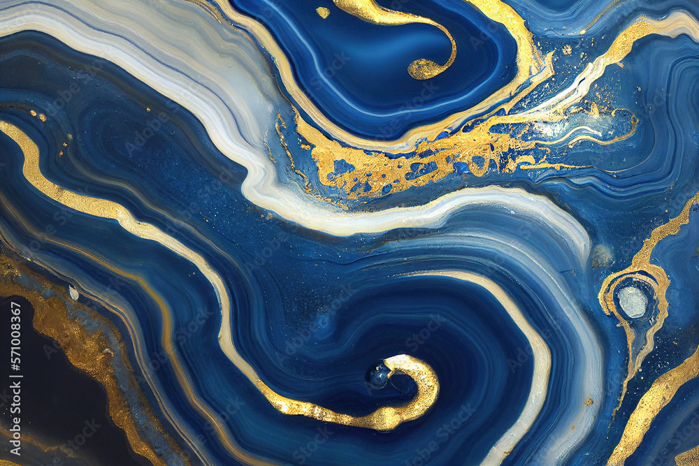 Abstract art background with a fluid marble blue and gold texture. Splendid generative AI luxury abs