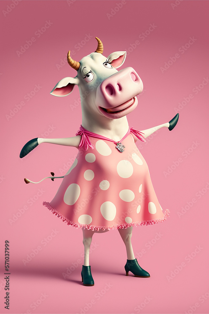 Humanized cow, adorable and cute white cow wearing pink dress doing ballet dance. Generative Ai