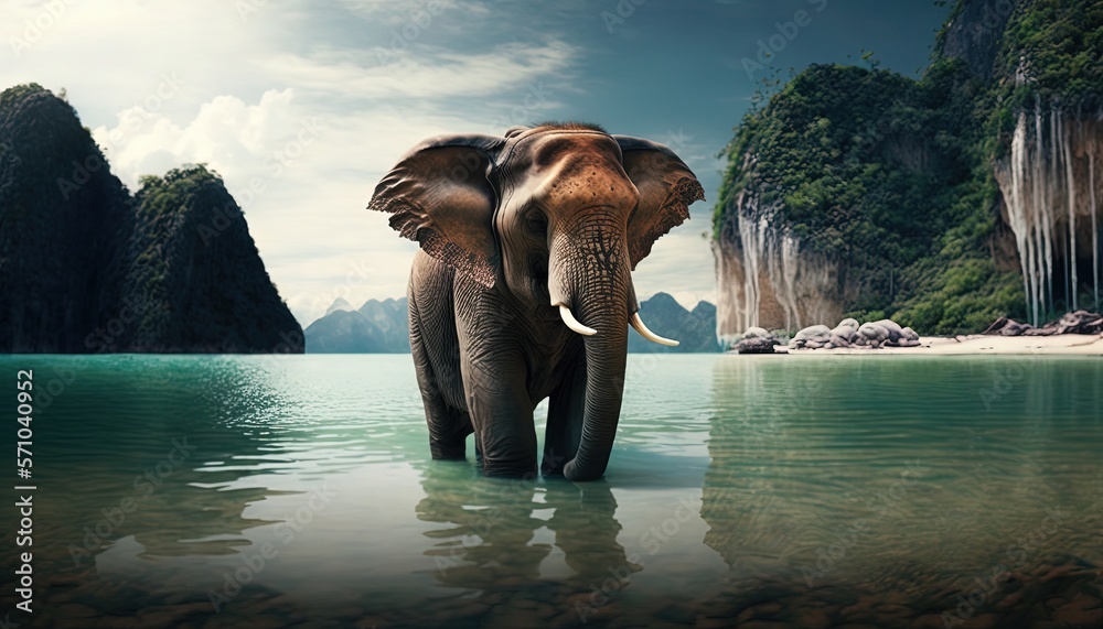 Southeast Asian seascape with elephant walking on beach , inspired from Southern of Thailand island 